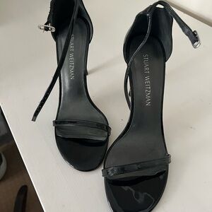 Stuart Weitzman Black Patent Leather Ankle Strap Heels